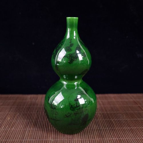 仿古做旧绿釉图纹葫芦瓶摆件古玩新中式客厅瓷器工艺品
